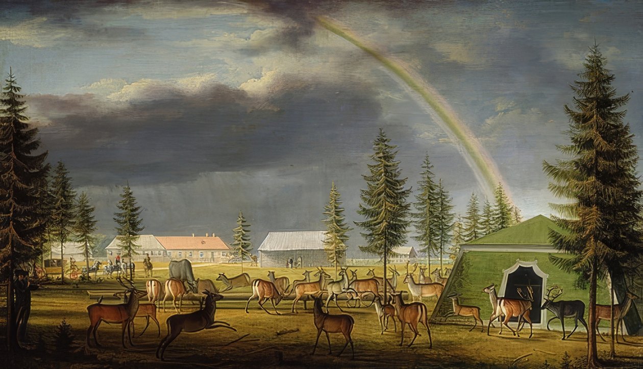 Pokaz zwierząt w ogrodach pałacowych Gatchina. 1792 autorstwa Johann Jakob Mettenleiter