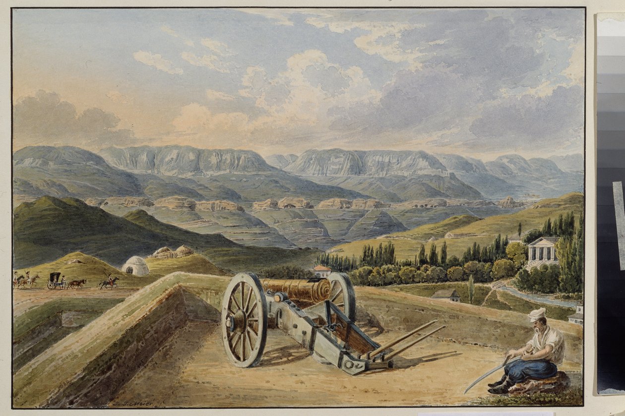 Twierdza Kisłowodzk (Północny Kaukaz). Bateria w górach. Twierdza Kisłowodzk. Bateria w górach. Praca Johanna Jakoba Meiera (1787-1858), akwarela na papierze, ok. 1843. XIX-wieczna sztuka niemiecka. Państwowe Muzeum Sztuk Pięknych im. A. Puszkina autorstwa Johann Jakob Meyer