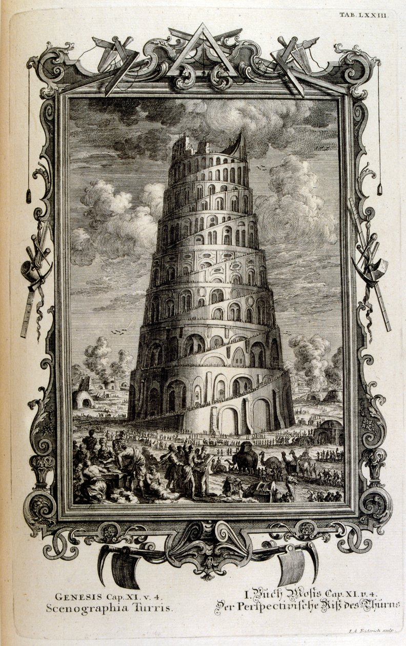 Plan wieży Babel widziany z boku autorstwa Johann Jakob Scheuchzer