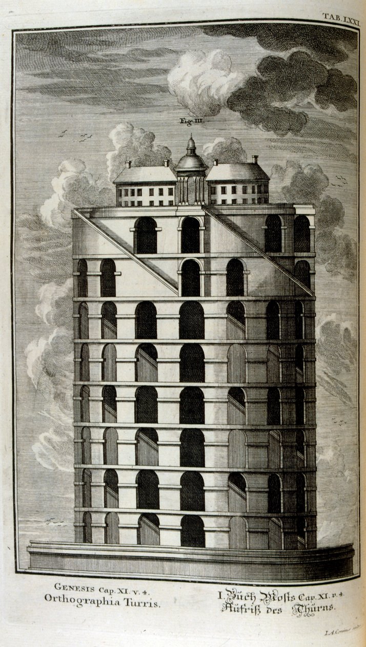 Plan wieży Babel widziany z boku autorstwa Johann Jakob Scheuchzer