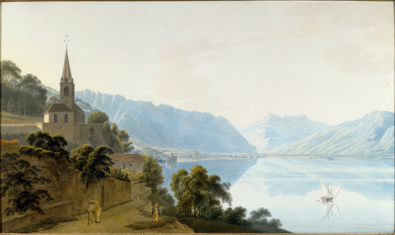 Kościół Les Planches, Chillon, Villeneuve i Dents du Midi autorstwa Johann Jakob Wetzel