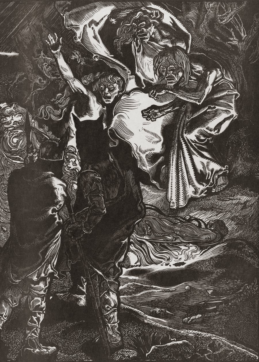 Makbet i Banko spotykają trzy czarownice, XX wiek (rycina) autorstwa Johann Joseph Aarts