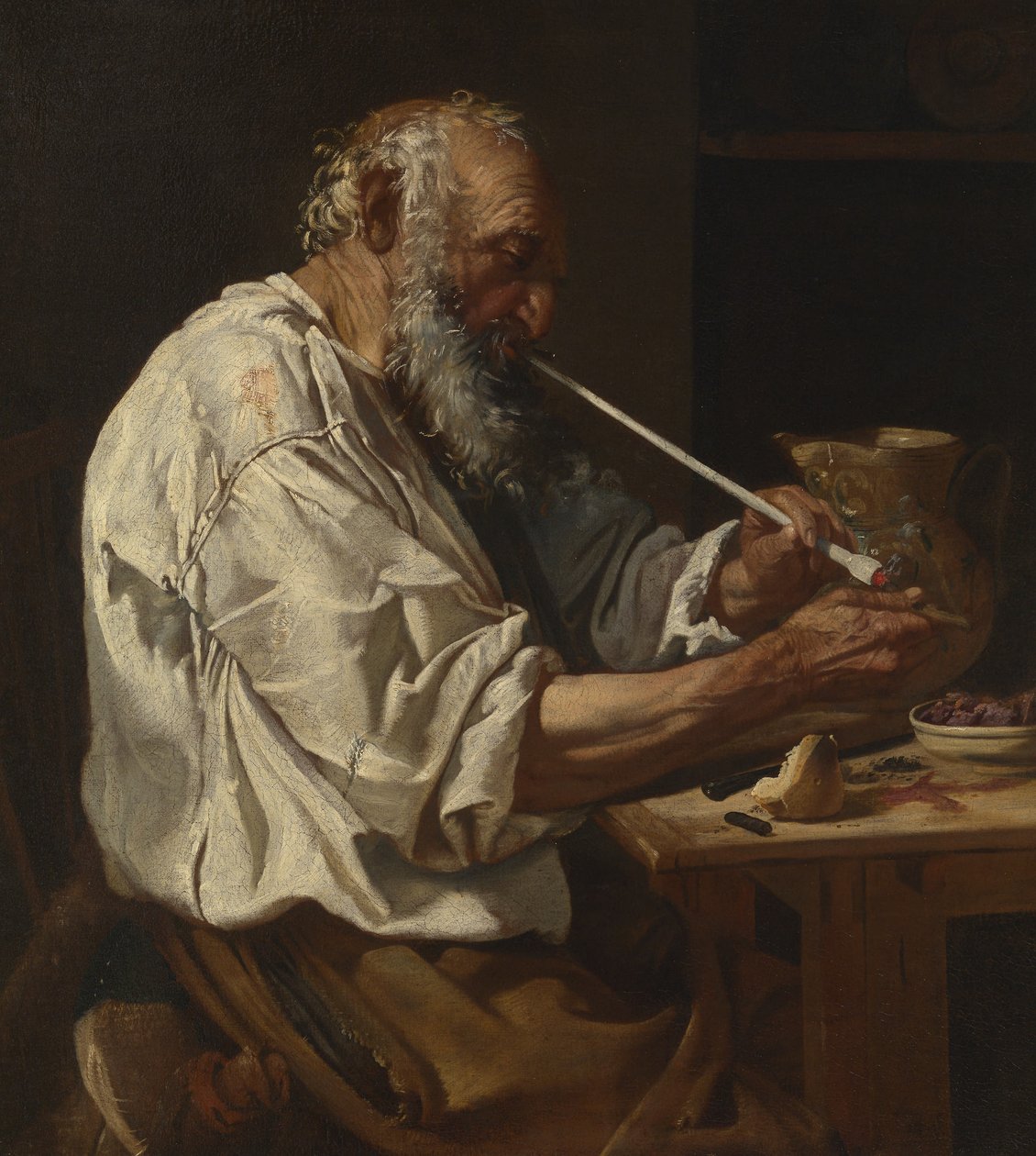 Stary chłop rozpala fajkę, ok. 1660 (olej na płótnie) autorstwa Johann Karl Loth