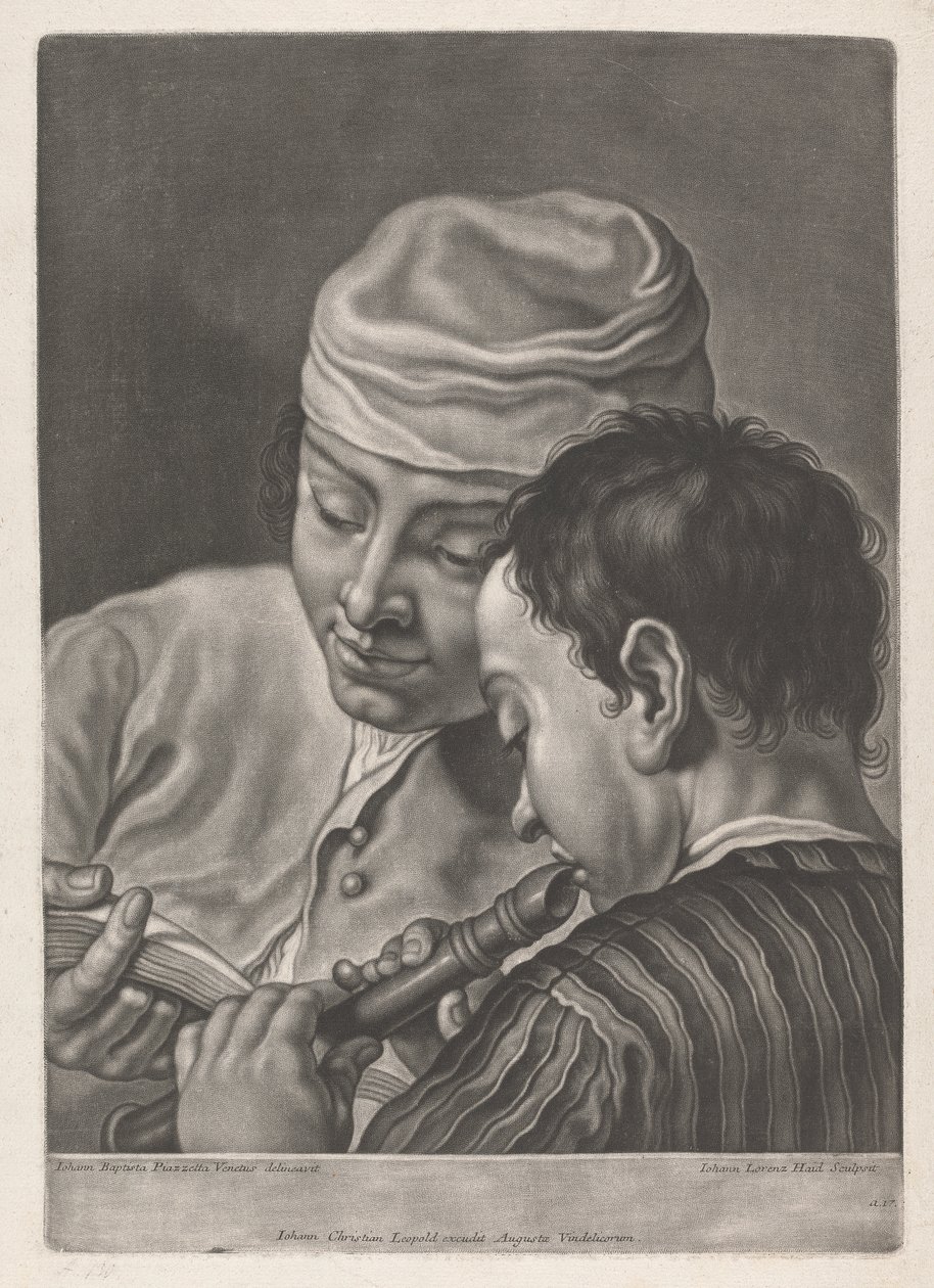 Portret dwóch mężczyzn, jeden grający na flecie prostym autorstwa Johann Lorenz Haid