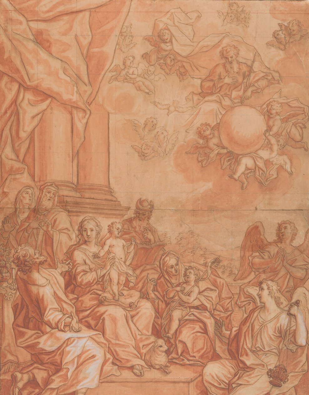 Dziewica z Dzieciątkiem ze świętymi i aniołami oraz Bóg Ojciec na niebie, połowa XVIII wieku. autorstwa Johann Lorenz Haid