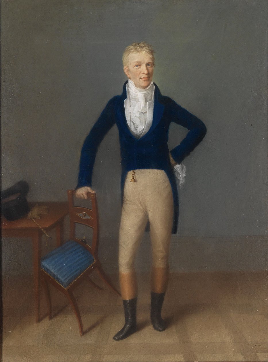 Pełnometrażowy portret jasnowłosego dżentelmena w stroju jeździeckim, opartego o oparcie krzesła autorstwa Johann Lorenz Kreul