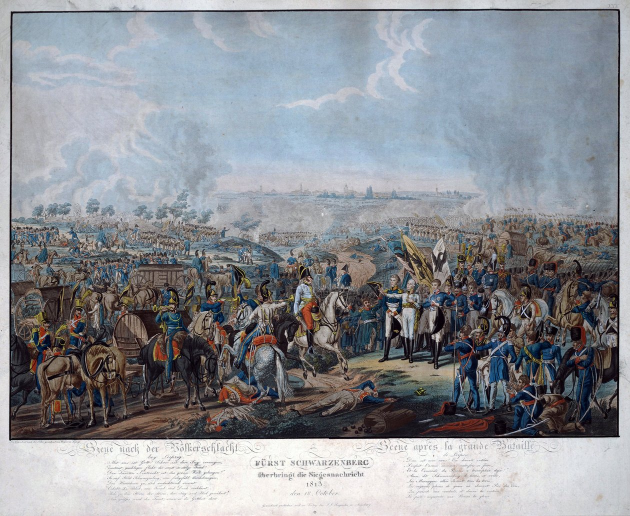 Bitwa pod Lipskiem (Bitwa Narodów), w październiku 1813. Austriacki feldmarszałek Schwarzenberg (1771-1820) ogłasza zwycięstwo aliantów w bitwie pod Lipskiem cesarzowi germańskiemu Franciszkowi II (= Francois Ier z Austrii; 1768 - 1835), w Tza autorstwa Johann Lorenz Rugendas
