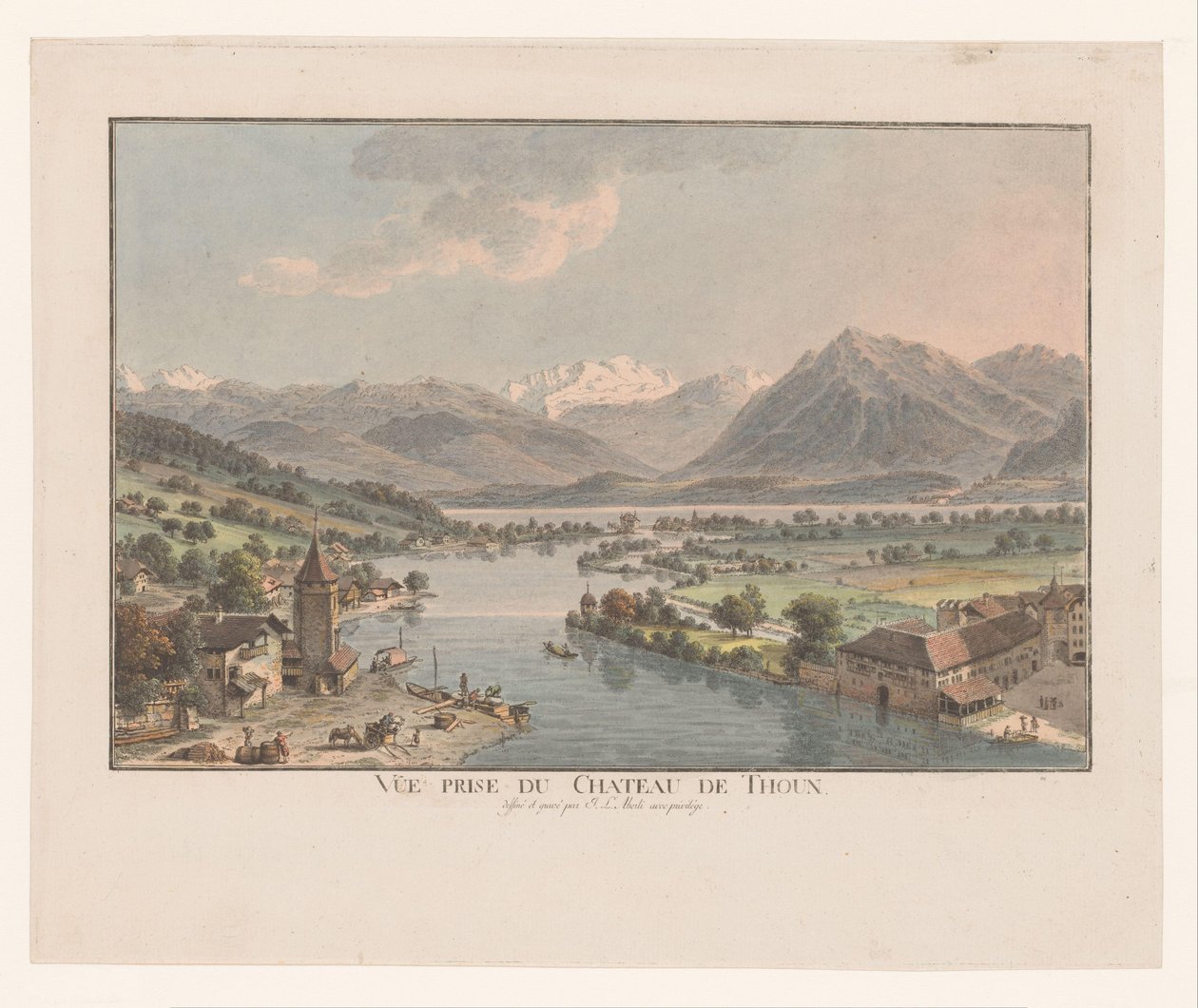 Widok na jezioro Thun z Thun Vue prize du chateau de Thoun (tytuł na przedmiocie) autorstwa Johann Ludwig Aberli