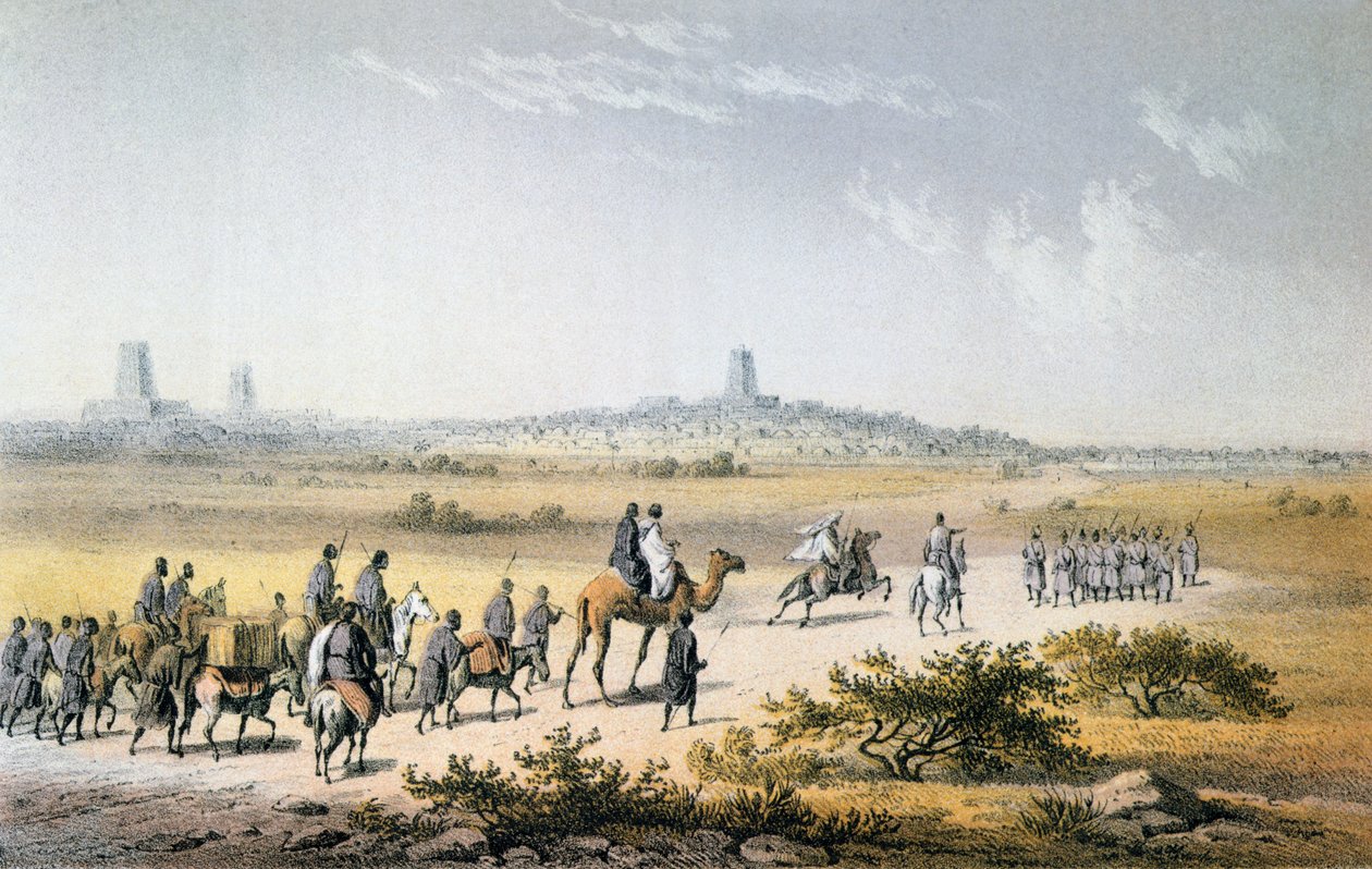 Wejście karawany Heinricha Bartha (1821-1865) do Timbuktu w 1853 r., z „Podróży i odkryć w Afryce Północnej i Środkowej” Bartha, rytowane przez Eberharda Emmingera (1808-1885) wydane w 1857 r. (kolor autorstwa Johann Martin Bernatz