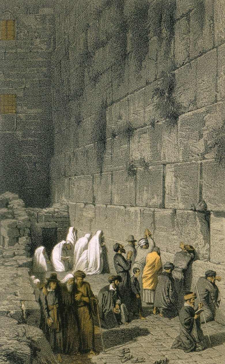 Ściana Płaczu w Jerozolimie. Kolorowy grawer Bernatz et alii - Steinkopk J.F. Editore autorstwa Johann Martin Bernatz