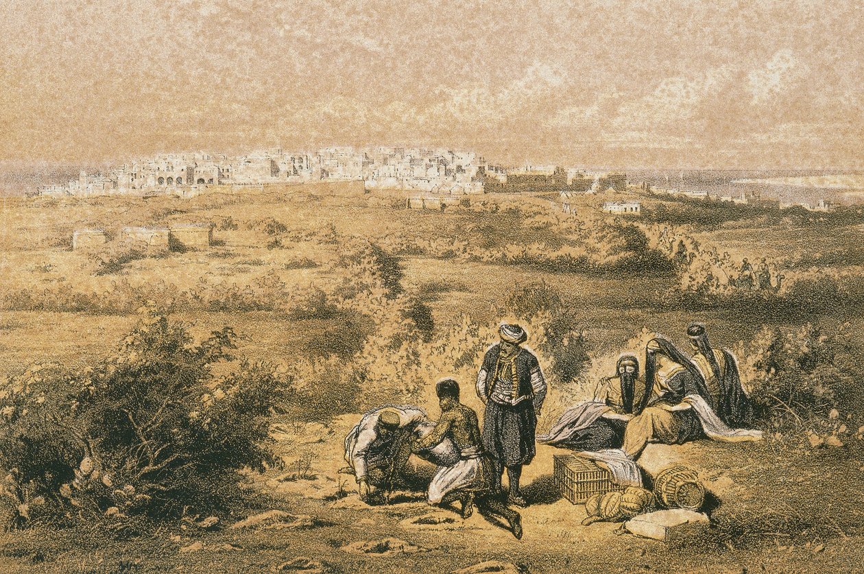 Widok na Hajfę. Akwaforta Bernatza et alii - Steinkopk J.F. Redaktor autorstwa Johann Martin Bernatz