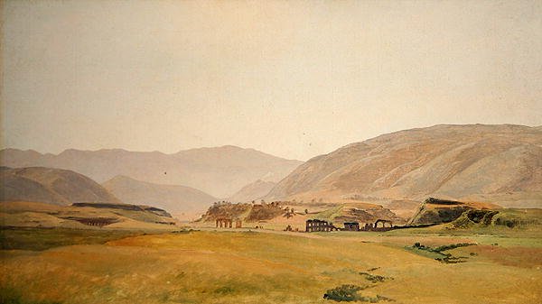 Krajobraz Kampanii (olej na płycie pilśniowej na płótnie) autorstwa Johann Martin von Rohden