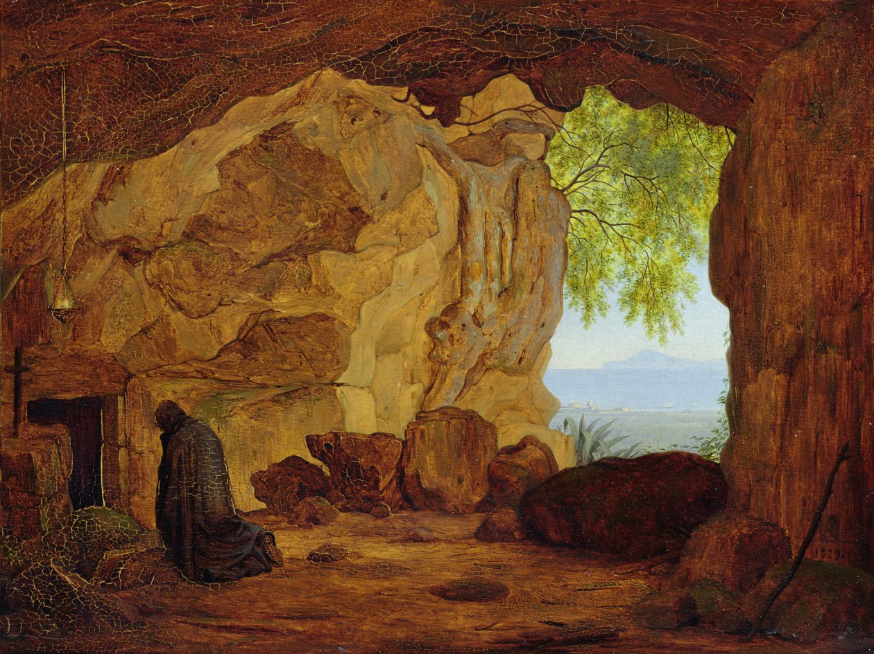 Modlący się pustelnik w grocie, 1829 autorstwa Johann Martin von Rohden