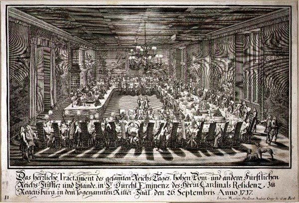 Bankiet w Sali Królewskiej w Pałacu Kardynała Ratyzbony, 26 września 1717 (rycina) autorstwa Johann Matthias and Geyer Andreas Steidlin