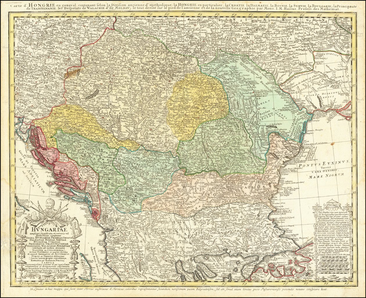 Mapa Półwyspu Bałkańskiego z 1744 r. wyśrodkowana na Królestwie Węgier autorstwa Johanna Matthiasa Hase