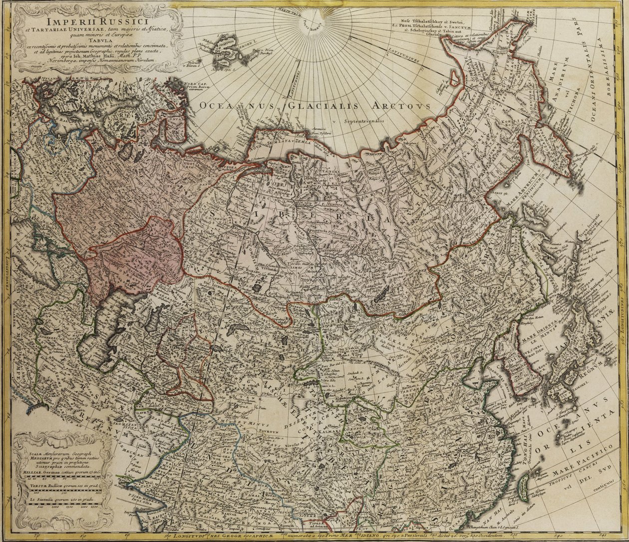 Mapa Rosji Od: Całe imperium rosyjskie i tatarskie zarówno większe, jak i azjatyckie i mniejsze i autorstwa Johann Matthias Hase