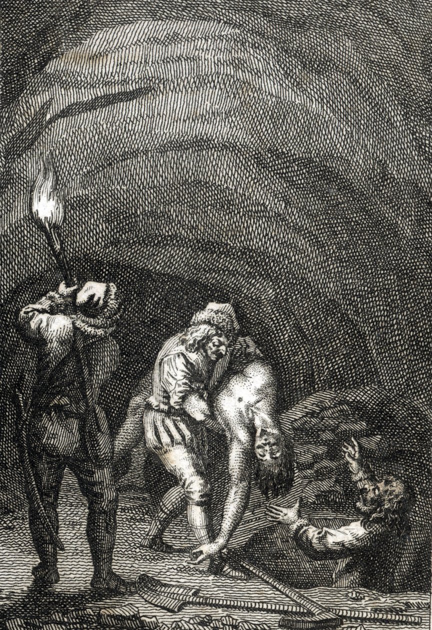 Śmierć Wilhelma II Holenderskiego zabitego przez Fryzów, którzy potajemnie zakopali go pod podłogą domu Rycina Johanna Michaela Mettenleitera (1765-1853) 1800 Zbiory prywatne autorstwa Johann Michael Mettenleiter