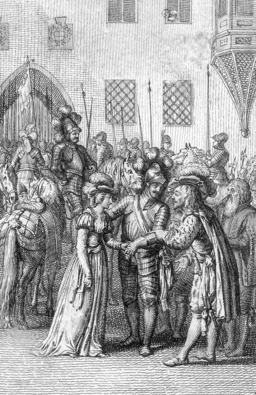 Cesarz Henryk VII Luksemburski (1275-1313) spotyka swoją przyszłą żonę Małgorzatę Brabancką (1276-1311), córkę Jana I, księcia Brabancji i Małgorzaty Dampierre (Henryk VII, Święty Cesarz Rzymski spotyka swoją żonę Małgorzatę Brabancką, córkę Jan I, książę autorstwa Johann Michael Mettenleiter