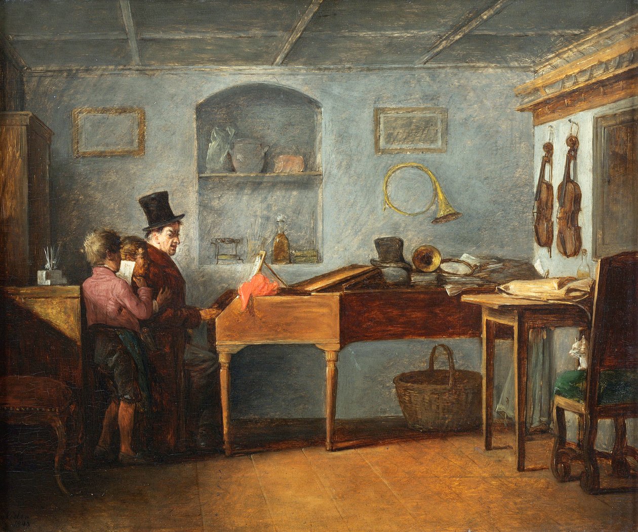 Nauczycielka wraz z chłopcami śpiewającymi płasko przy fortepianie Johann Michael Neder autorstwa Johann Michael Neder