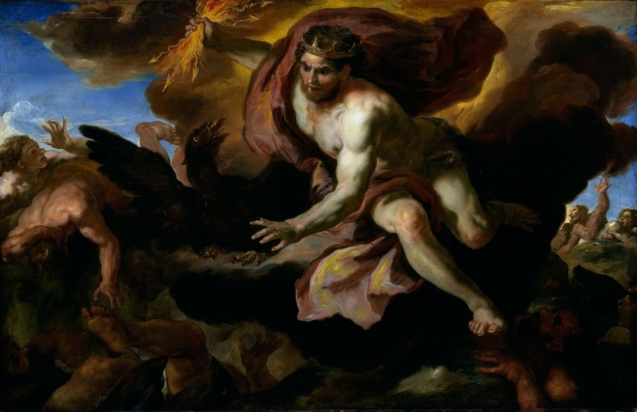Jowisz rzuca swoje pioruny na zbuntowanych olbrzymów, ok. 1690-95 (olej na płótnie) autorstwa Johann Michael Rottmayr