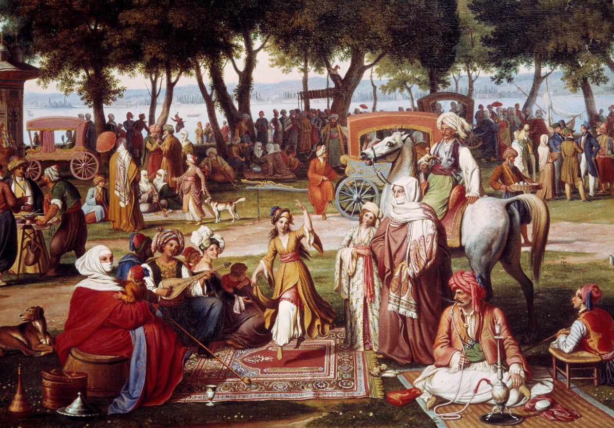 Azja słodkowodna w Konstantynopolu - Słodkie życie: grupa mężczyzn i kobiet palących, tańczących - Obraz Johanna Wittmera (1802-1880) 1837 Szczegół - Monachium, Neue Pinakothek autorstwa Johann Michael Wittmer