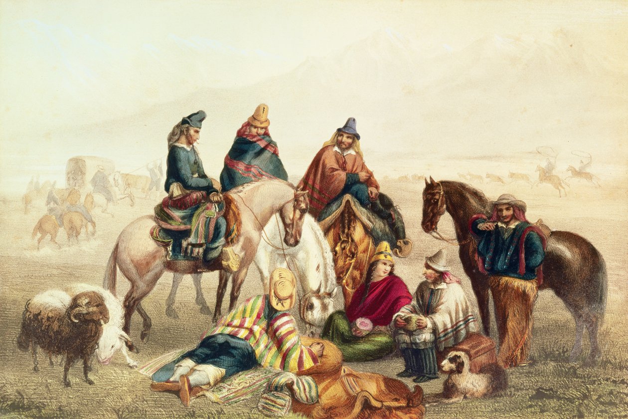 Stroje z chilijskiego ludu wiejskiego, ilustracja z „Historia de Chile” Claudio Gay, sztychowana przez Laemleina, 1854 autorstwa Johann Moritz Rugendas