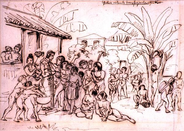 Indianie odwiedzający posiadłość, Brazylia, ok. 1825 (pióro i brązowy tusz na ołówku) autorstwa Johann Moritz Rugendas