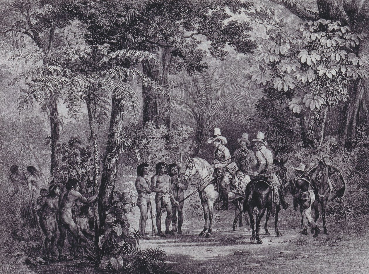 Spotkanie Indian z europejskimi odkrywcami z „Malowniczej podróży do Brazylii” autorstwa Johann Moritz Rugendas