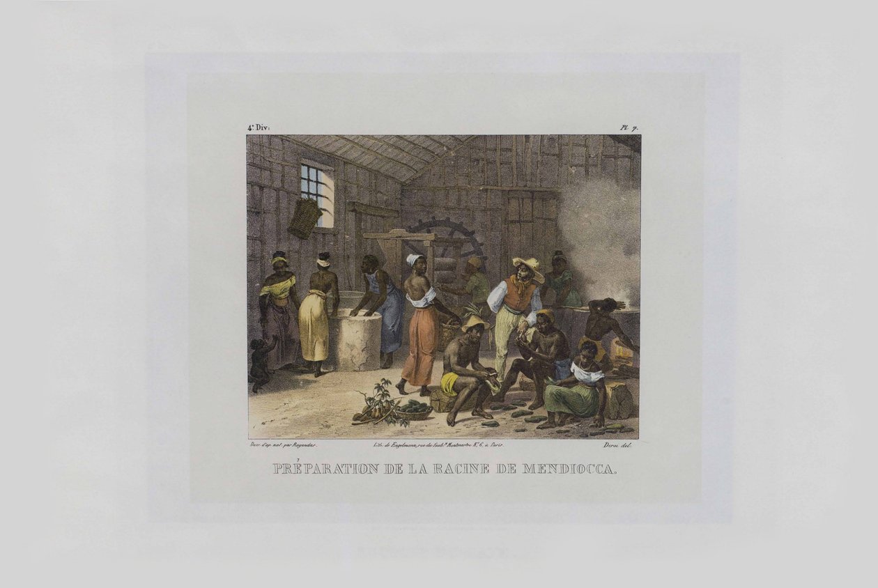Przygotowanie korzeni mandioki. Z Malowniczych Podróży w Brazylii, 1830-1835. autorstwa Johann Moritz Rugendas