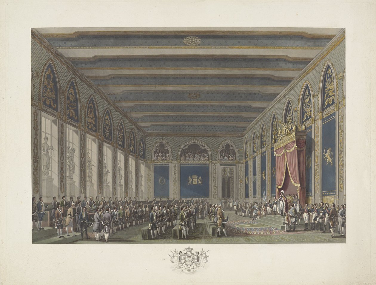 Instytucja Stanów Generalnych przez króla Wilhelma I w Brukseli 21 września 1815 r. Dwanaście tablic przedstawiających przybycie i inaugurację Wilhelma I w Brukseli oraz bitwy pod Quatre-Bras i Waterloo w 1815 roku (tytuł serii) autorstwa Johann Nepomuk Gibèle (possibly)