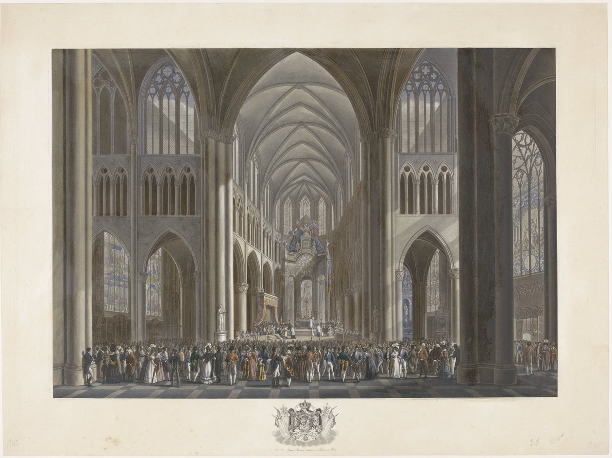 Błogosławieństwo króla Wilhelma I w kościele św. Guduli w Brukseli 21 września 1815 r. Dwanaście tablic przedstawiających przybycie i inaugurację Wilhelma I w Brukseli oraz bitwy pod Quatre-Bras i Waterloo w 1815 roku (tytuł serii) autorstwa Johann Nepomuk Gibèle (possibly)
