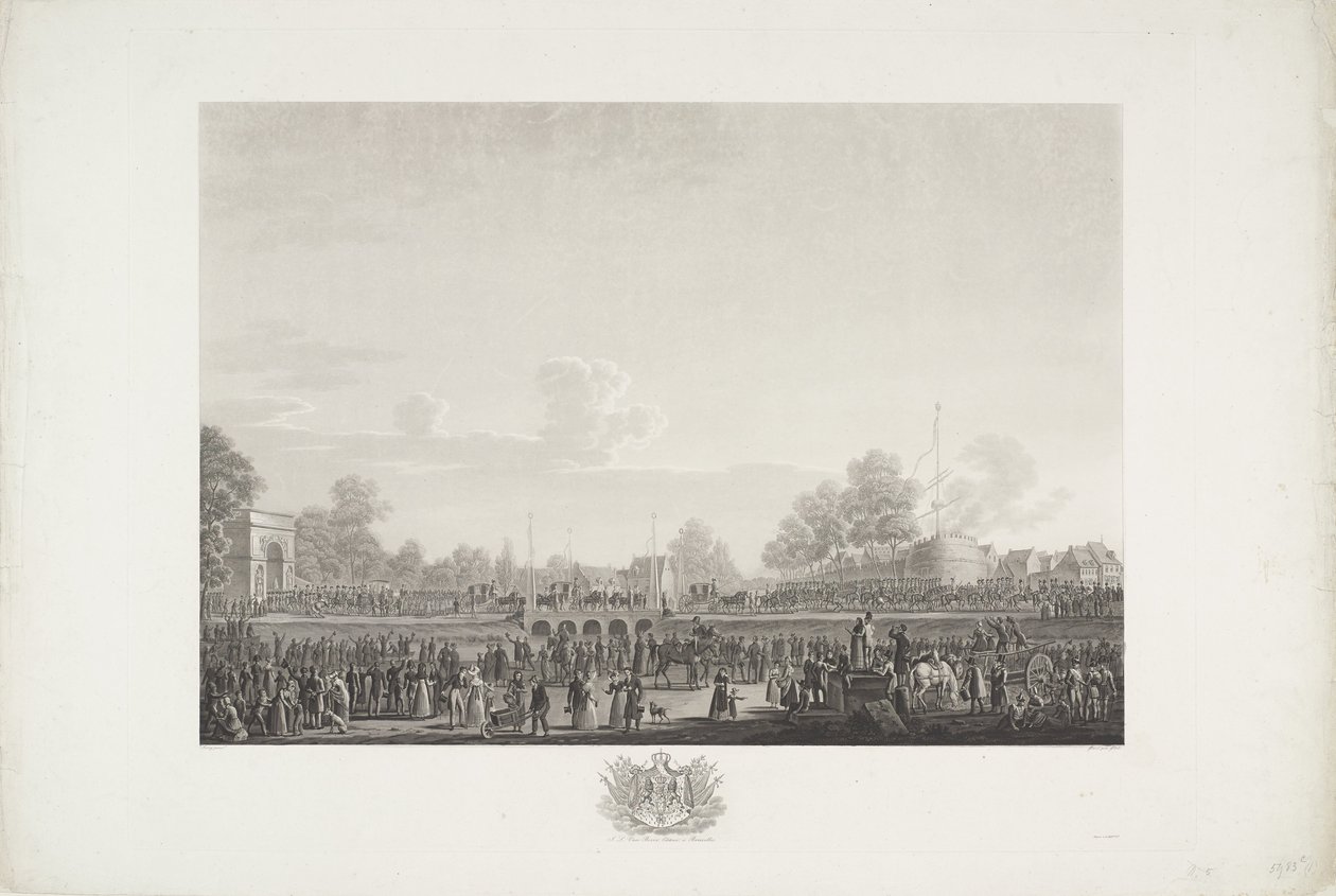 Przybycie króla Wilhelma I do Brukseli, 1815 Dwanaście tablic przedstawiających przybycie i inaugurację Wilhelma I w Brukseli oraz bitwy pod Quatre-Bras i Waterloo w 1815 roku (tytuł serii) autorstwa Johann Nepomuk Gibèle