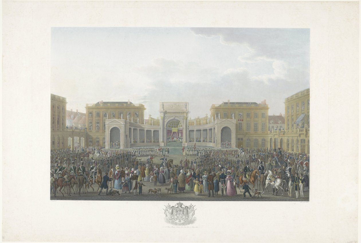 Inauguracja Wilhelma I w Brukseli 21 września 1815 r. Dwanaście tablic przedstawiających przybycie i inaugurację Wilhelma I w Brukseli oraz bitwy pod Quatre-Bras i Waterloo w 1815 roku (tytuł serii) autorstwa Johann Nepomuk Gibèle
