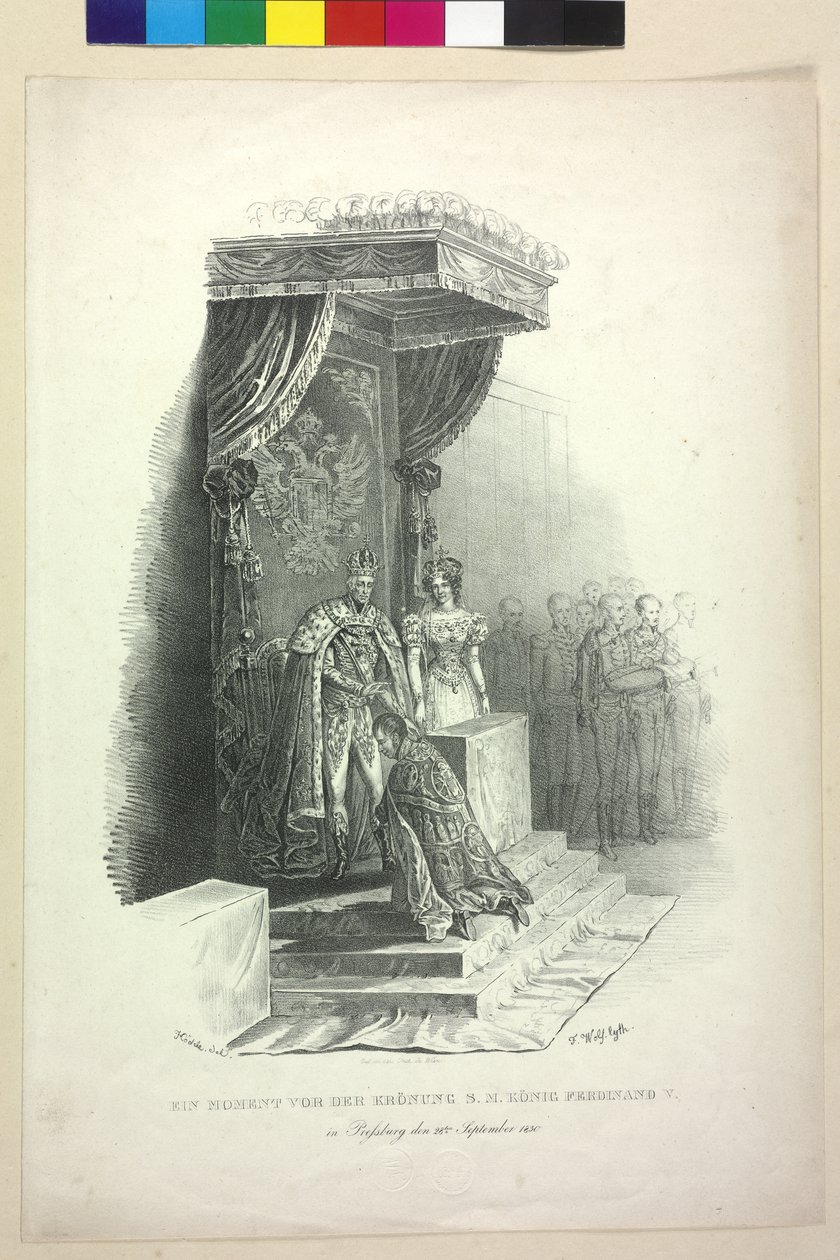 Chwila przed koronacją króla Ferdynanda V w Bratysławie 28 września 1830 roku (litografia). Wrzesień 1830 (litografia) autorstwa Johann Nepomuk Hoechle