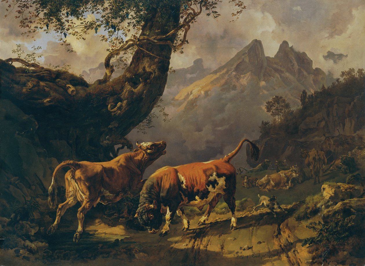 Byk goniący krowę, w tle krajobrazu niedaleko Carrara autorstwa Johann Nepomuk Rauch