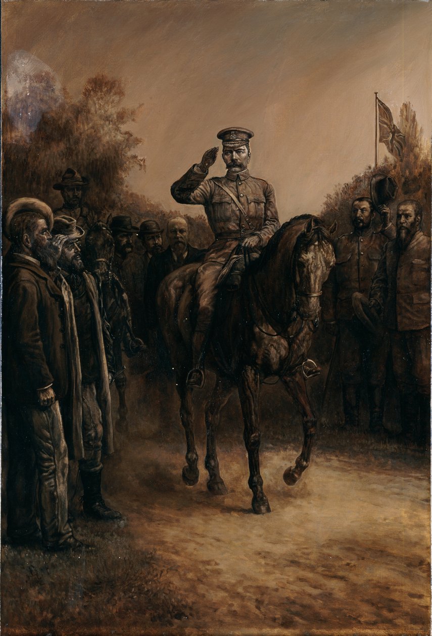 Generał Lord Kitchener salutuje, gdy przejeżdża obok przywódców Burów, którzy stoją, zdejmując kapelusze, 1902 autorstwa Johann Nepomuk Schonberg