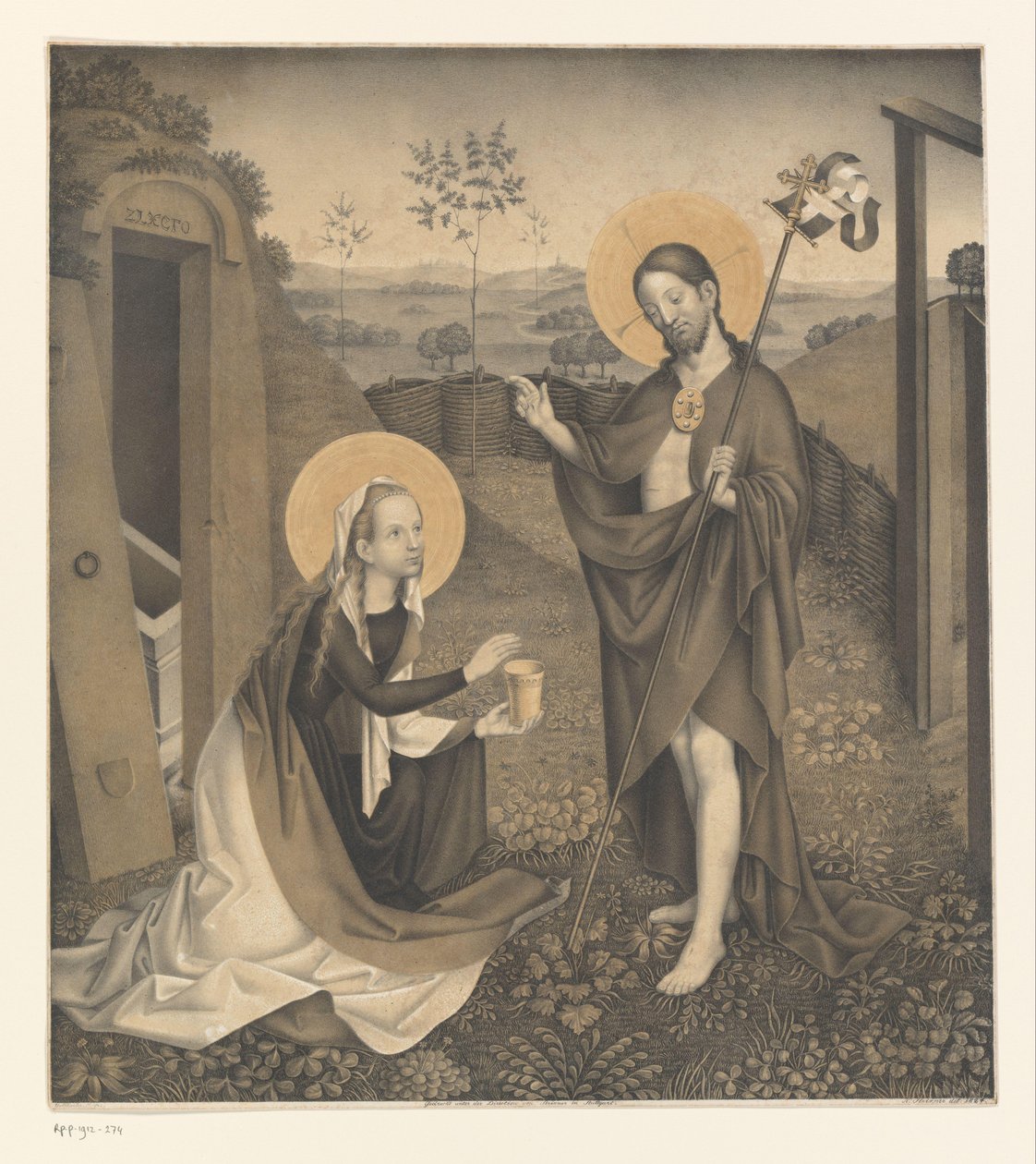 Chrystus i Maria Magdalena w ogrodzonym ogrodzie Dzieła z kolekcji braci Boisserée (tytuł serii) Galerie des Frères Boisserée (tytuł serii) autorstwa Johann Nepomuk Strixner