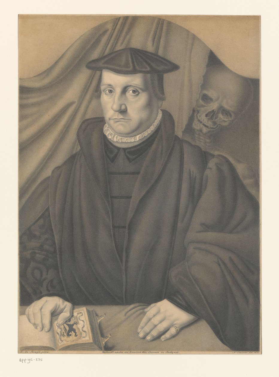 Portret nieznanego mężczyzny ze szkieletem za nim Dzieła z kolekcji braci Boisserée (tytuł serii) Galerie des Frères Boisserée (tytuł serii) autorstwa Johann Nepomuk Strixner