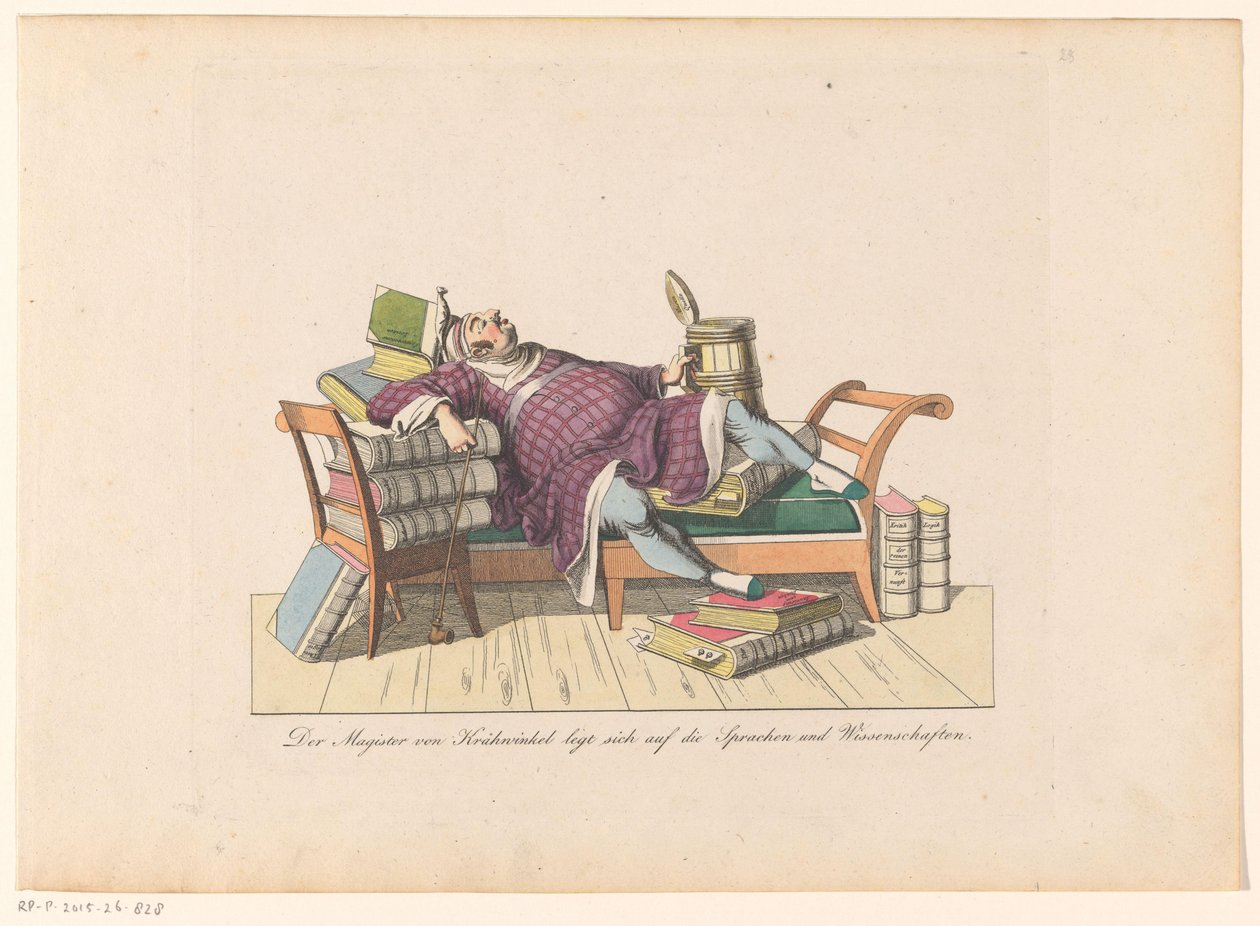 Leraar van Krähwinkel leżący na kanapie z boeken Magister von Krähwinkel kładzie się na językach i naukach (tytuł na przedmiocie) autorstwa Johann Nussbiegel (possibly)