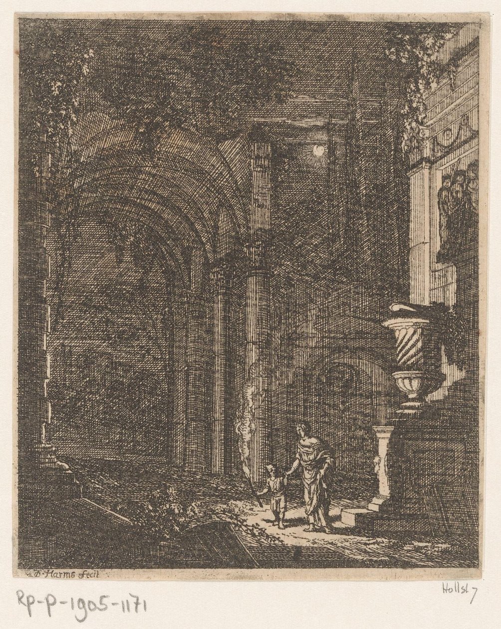 Dwie postacie oświetlają starożytne ruiny pochodnią Starożytne ruiny i budynki (tytuł serii) Alcune Inventione de Ruini et Architectura (...) (tytuł serii) autorstwa Johann Oswald Harms