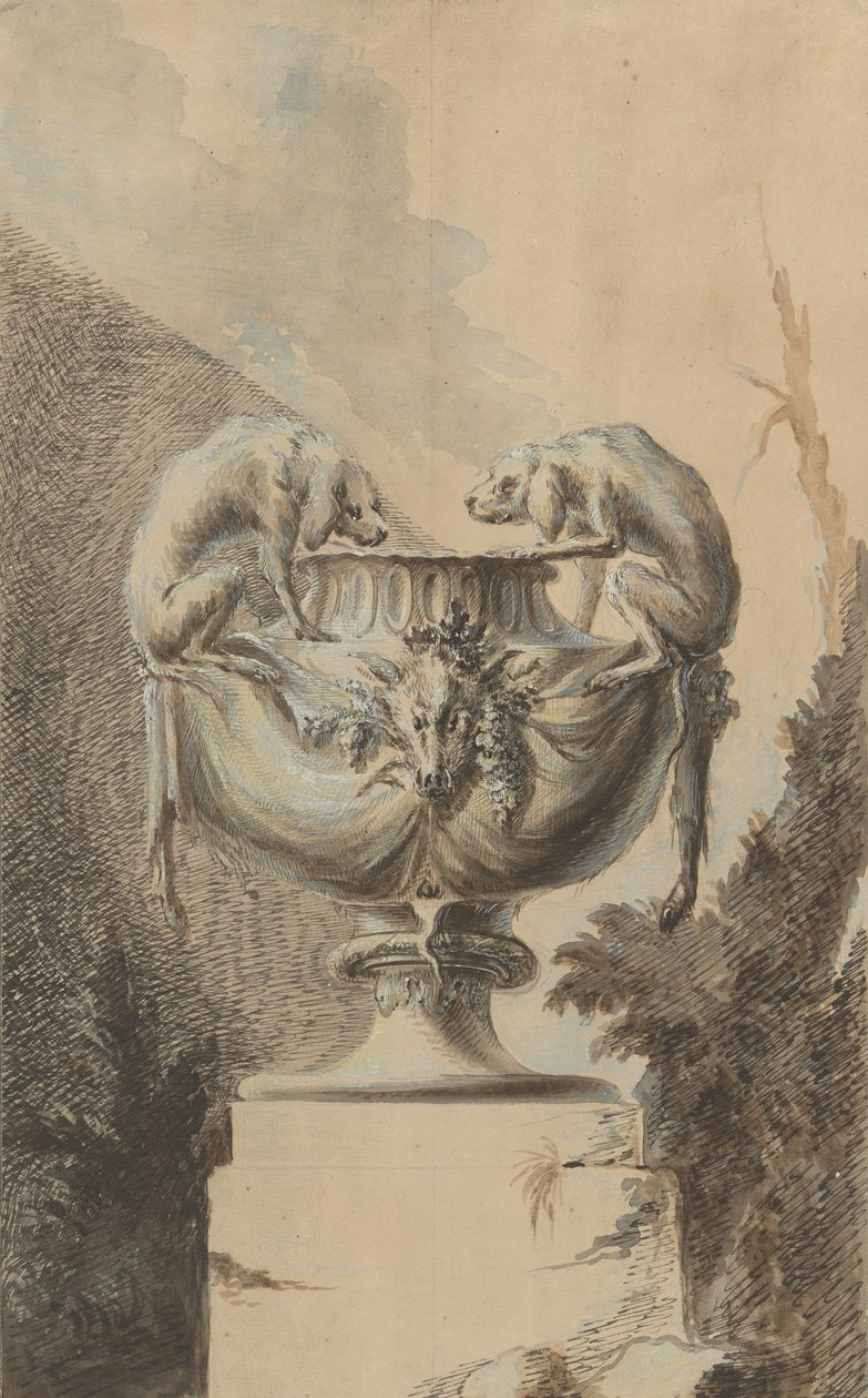 Projekt wazonu ogrodowego z motywem myśliwskim, ca. 1740. autorstwa Johann Paul Egell