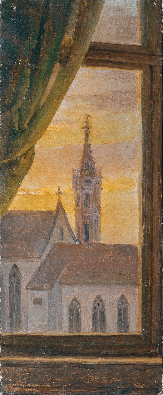 Widok przez okno gotyckiej wieży kościelnej autorstwa Johann Peter Krafft