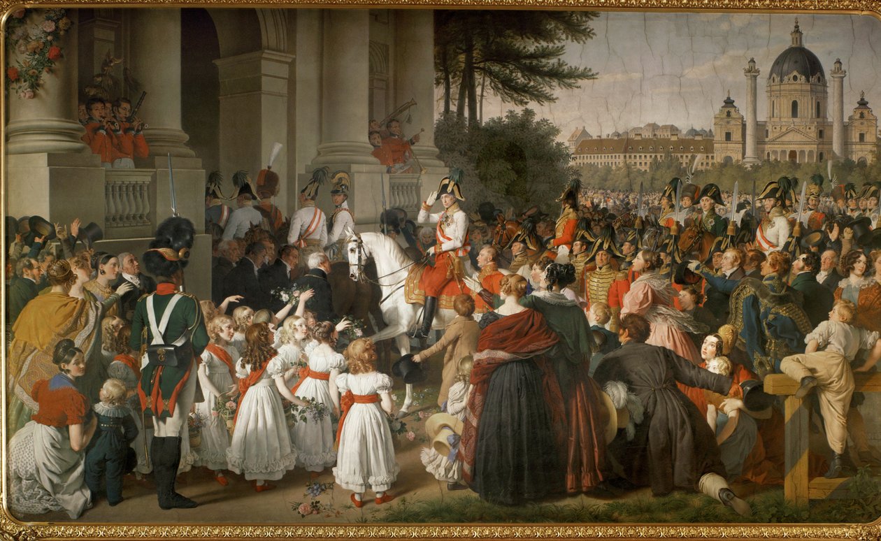 Cesarz Franciszek I wraca do Wiednia z bitwy pod Lipskiem... (malowidło ścienne) autorstwa Johann Peter Krafft