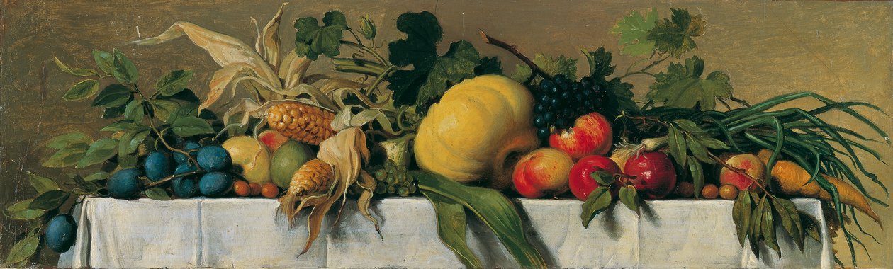 Martwa natura z owocami i warzywami na białym obrusie autorstwa Johann Peter Krafft