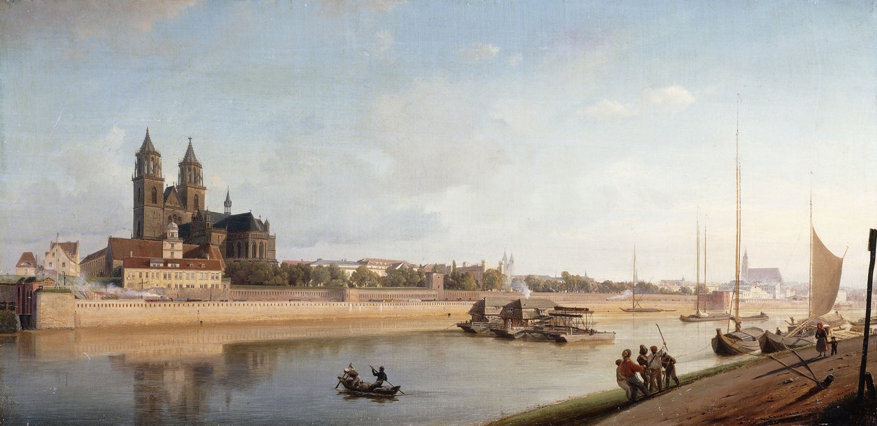 Magdeburg nad brzegiem Łaby - Widok ze wschodu na zachód; Magdeburg nad Łabą; Widok ze wschodu na zachód, 1853 autorstwa Johann Philipp Eduard Gartner