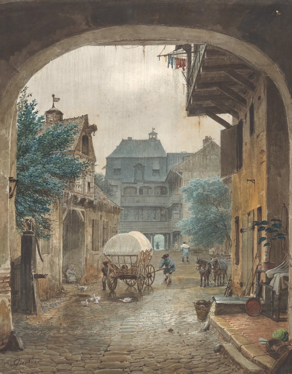 Widok na dziedziniec gospody w Colmar, 1821-77. autorstwa Johann Philipp Eduard Gartner