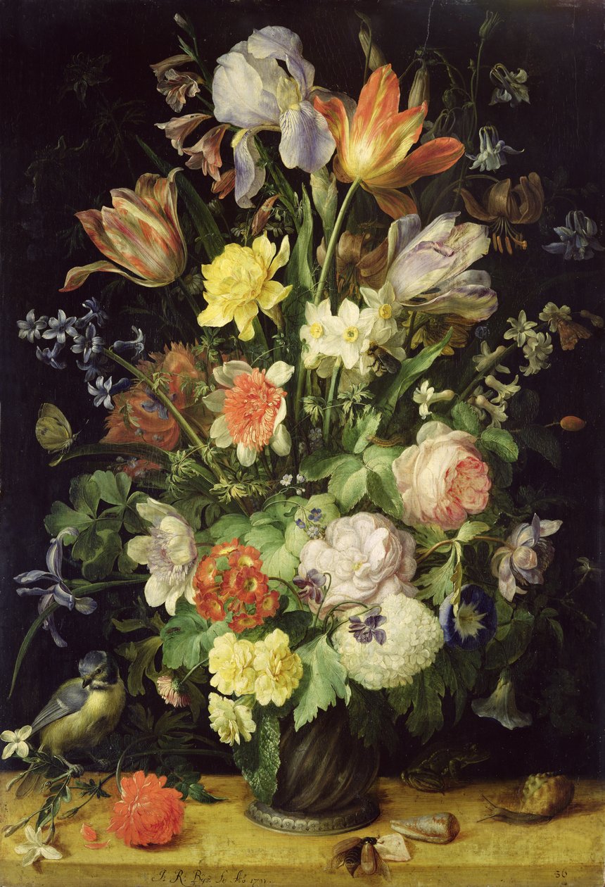 Martwa natura z kwiatami i modraszka autorstwa Johann Rudolf Byss