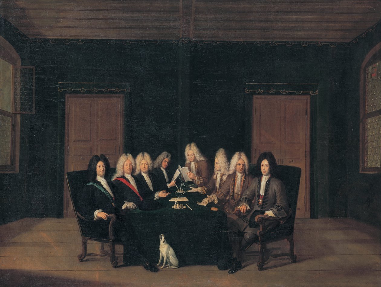 Francuski:  Les emissaires au traité de Bade en septembre 1714 Wysłannicy kongresu pokojowego w Baden 7 września 1714 r. autorstwa Johann Rudolf Huber