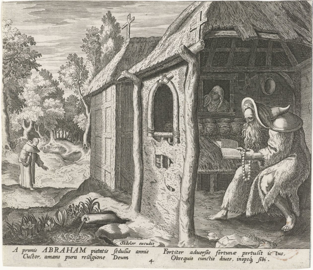 Abraham z Edessy jako pustelnik Mężczyzna pustelnicy (tytuł serii) Solitudo Sive Vitae Patrum Eremicolarum (tytuł serii) autorstwa Johann Sadeler (I)