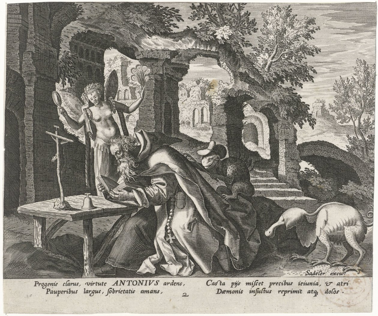 Antoni Wielki jako pustelnik Mężczyzna pustelnicy (tytuł serii) Solitudo Sive Vitae Patrum Eremicolarum (tytuł serii) autorstwa Johann Sadeler (I)